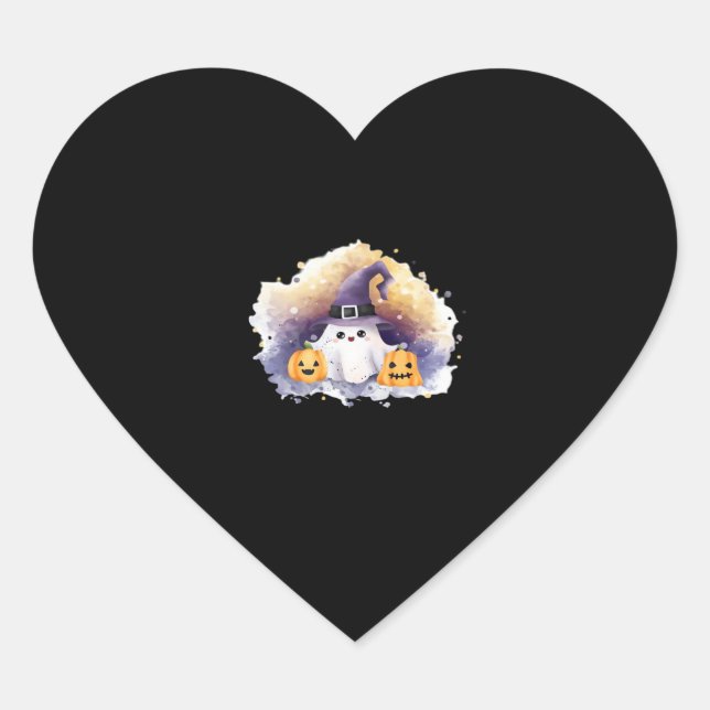 Cute Ghost Cat with Pumpkins � Kawaii Halloween Ar Heart Sticker (Front)