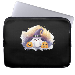 Cute Ghost Cat with Pumpkins – Kawaii Halloween Ar Laptop Sleeve