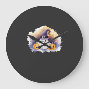 Cute Ghost Cat with Pumpkins � Kawaii Halloween Ar Large Clock