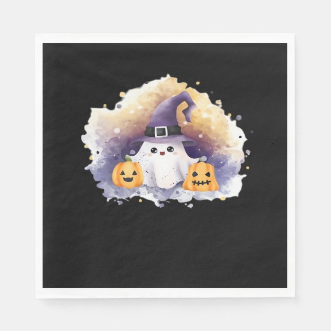 Cute Ghost Cat with Pumpkins – Kawaii Halloween Ar Napkin (Front)