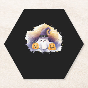 Cute Ghost Cat with Pumpkins � Kawaii Halloween Ar Paper Coaster