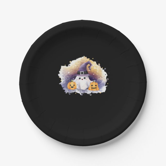 Cute Ghost Cat with Pumpkins � Kawaii Halloween Ar Paper Plate (Front)
