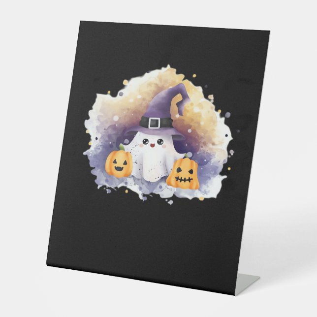 Cute Ghost Cat with Pumpkins � Kawaii Halloween Ar Pedestal Sign (Front)