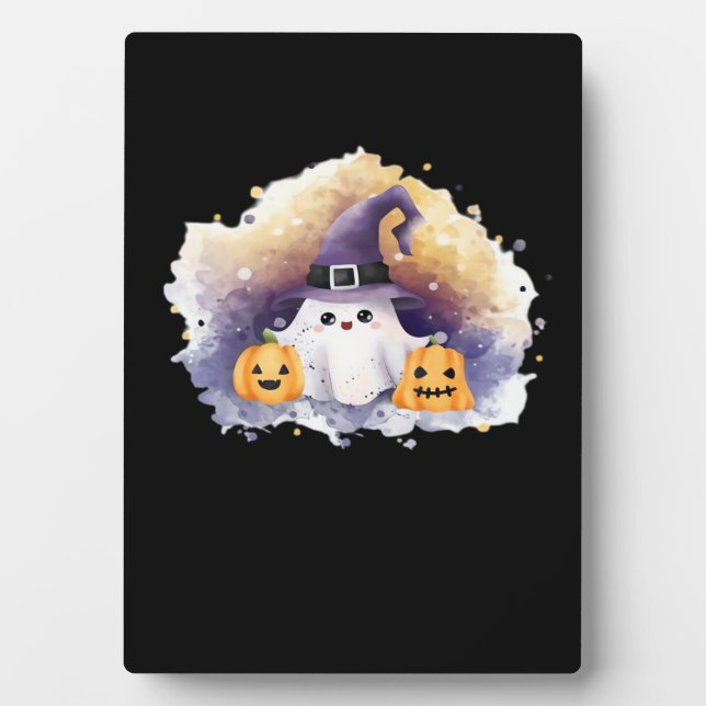 Cute Ghost Cat with Pumpkins � Kawaii Halloween Ar Plaque (Front)