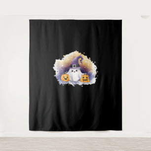Cute Ghost Cat with Pumpkins – Kawaii Halloween Ar Tapestry