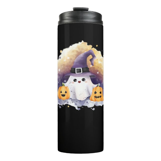 Cute Ghost Cat with Pumpkins – Kawaii Halloween Ar Thermal Tumbler (Front)