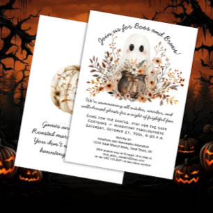 Cute Ghost Cauldron Autumn Flowers Halloween Party Invitation