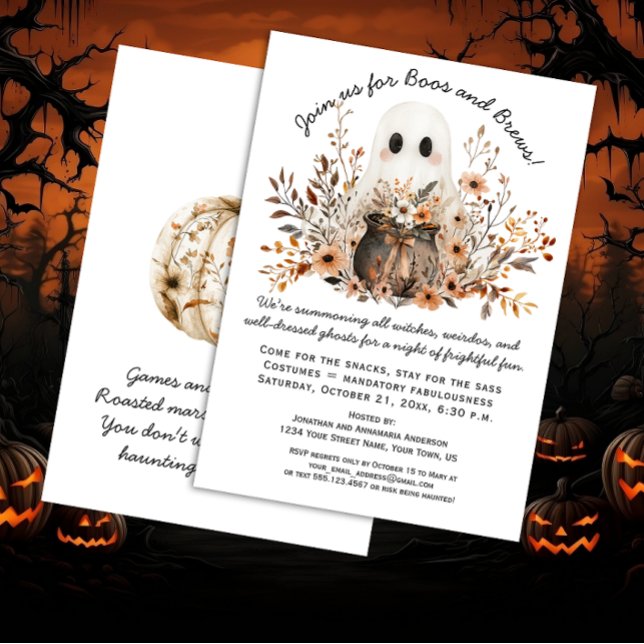 Cute Ghost Cauldron Autumn Flowers Halloween Party Invitation (Creator Uploaded)