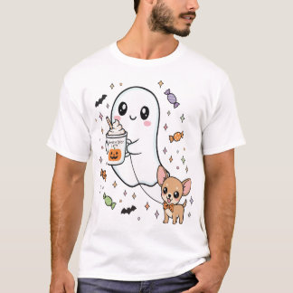 Cute Ghost Chihuahua Dog Coffee Halloween Costum T-Shirt