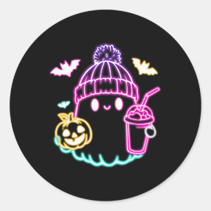 Cute Ghost Coffee Drinking Spooky Halloween Classic Round Sticker
