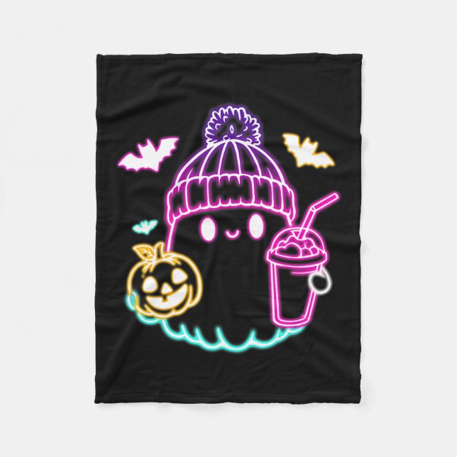 Cute Ghost Coffee Drinking Spooky Halloween  Fleece Blanket (Front)