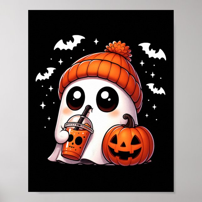 Cute Ghost Coffee Lover Halloween Ghost Pumpkin Sp Poster (Front)