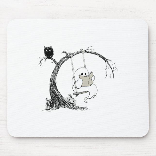 Cute Ghost Costume Swinging Reading Book Halloween Mouse Mat (Front)