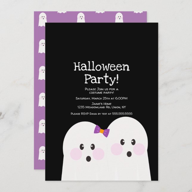 Cute Ghost Couple Halloween Party Black Purple Invitation (Front/Back)