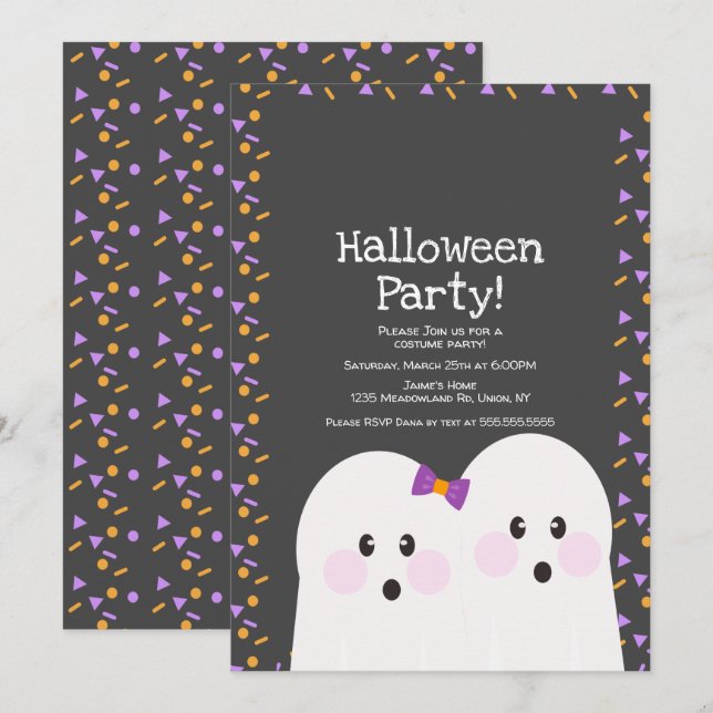 Cute Ghost Couple Halloween Party Sprinkles Grey Invitation (Front/Back)