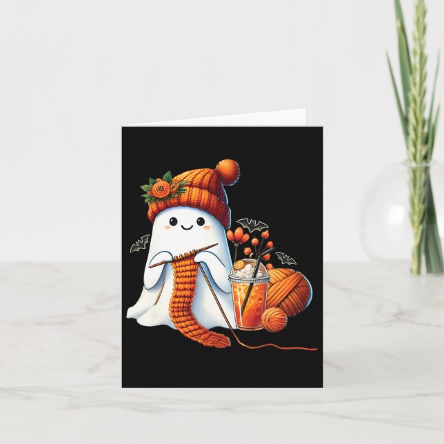 Cute Ghost Crochet Knitting Lovers Halloween Coffe Card (Front)