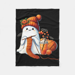 Cute Ghost Crochet Knitting Lovers Halloween Coffe Fleece Blanket