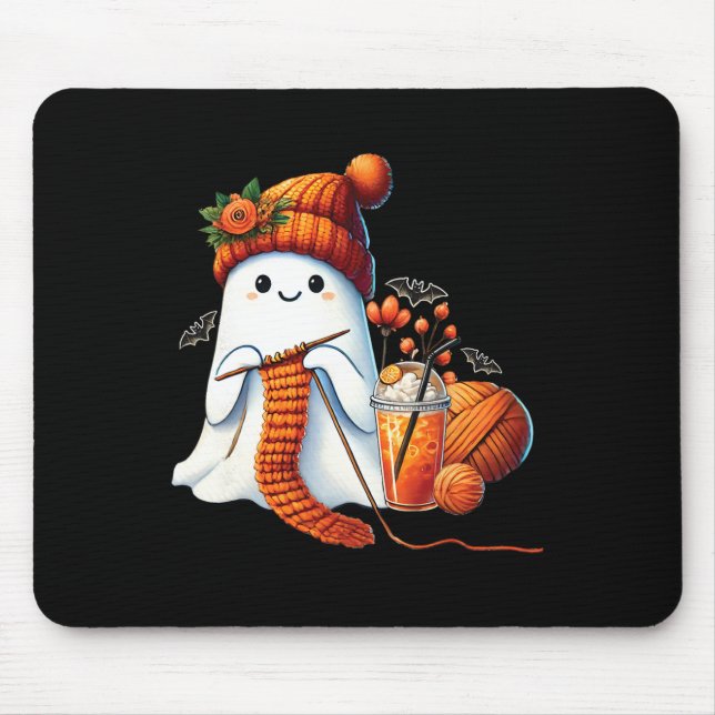 Cute Ghost Crochet Knitting Lovers Halloween Coffe Mouse Mat (Front)