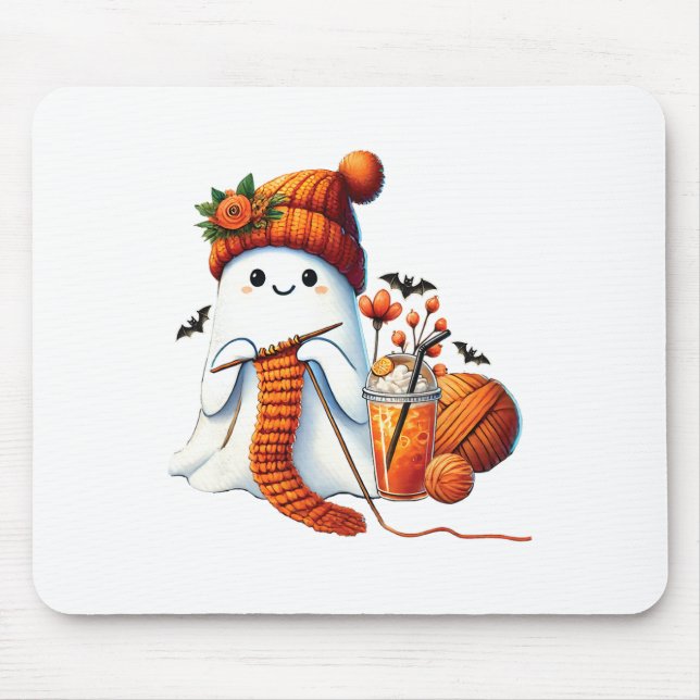 Cute Ghost Crochet Knitting Lovers Halloween Coffe Mouse Mat (Front)