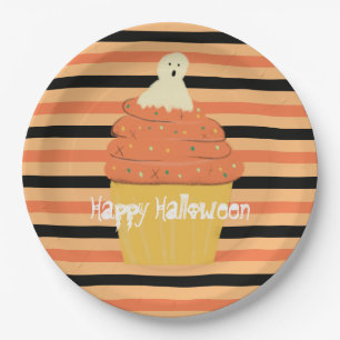 Cute Ghost Cupcake Halloween Orange Black Stripes Paper Plate