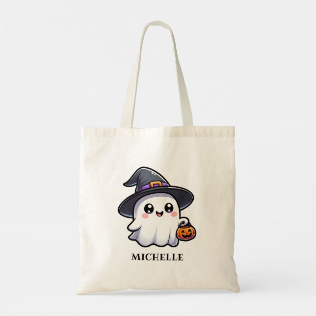 Cute Ghost Custom Name Halloween Tote Bag (Back)