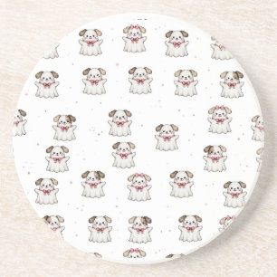 Cute Ghost Dog Halloween Bandanna Pink Bow Spooky Coaster
