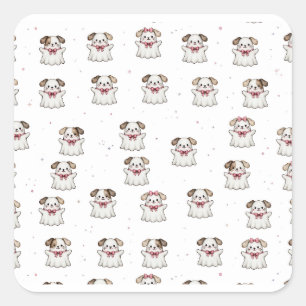 Cute Ghost Dog Halloween Bandanna Pink Bow Spooky Square Sticker