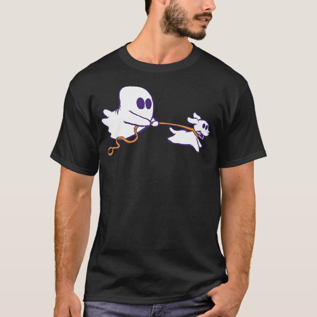 Cute Ghost Dog Walker Graphic Halloween Costume T-Shirt (Front)
