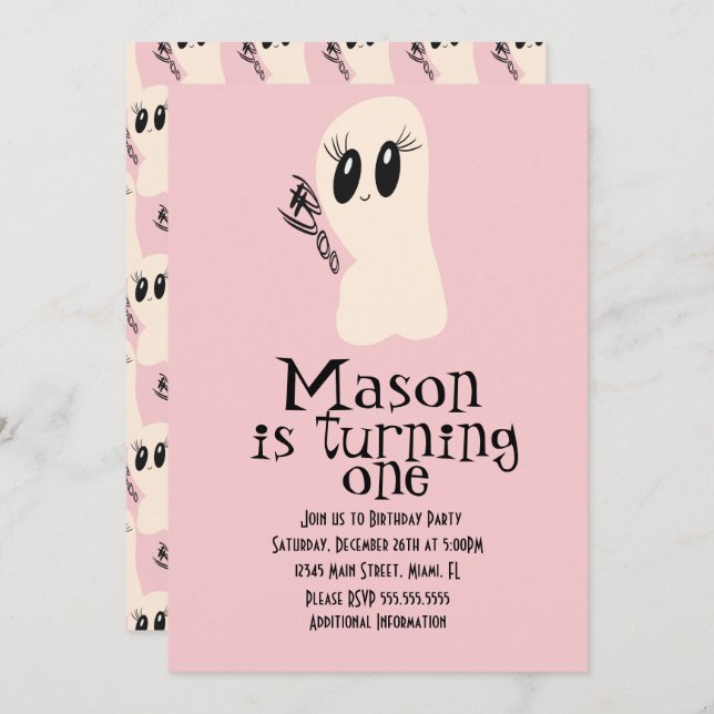 Cute Ghost Doodle Halloween Any Age Birthday Pink Invitation (Front/Back)