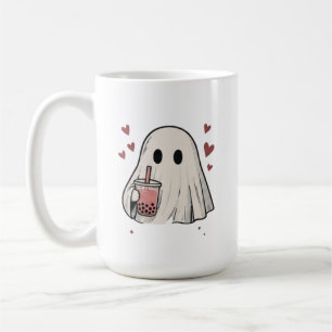 Cute Ghost Drinking Boba Milk Tea Hearts Aesthetic Coffee Mug