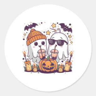 Cute Ghost Drinking Coffee Funny Halloween Costume Classic Round Sticker