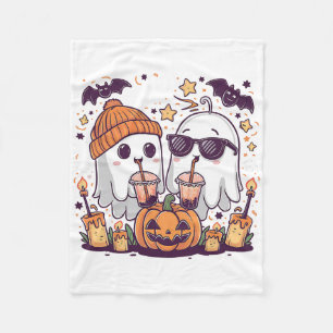 Cute Ghost Drinking Coffee Funny Halloween Costume Fleece Blanket