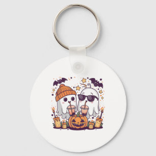 Cute Ghost Drinking Coffee Funny Halloween Costume Key Ring