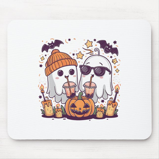 Cute Ghost Drinking Coffee Funny Halloween Costume Mouse Mat (Front)