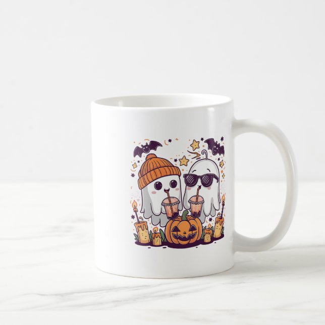 Cute Ghost Drinking Coffee Funny Halloween Costume Mug (Right)