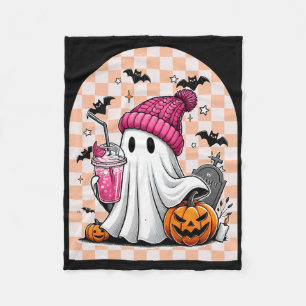Cute Ghost Drinking Coffee Ghost Halloween Chequer Fleece Blanket
