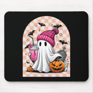 Cute Ghost Drinking Coffee Ghost Halloween Chequer Mouse Mat