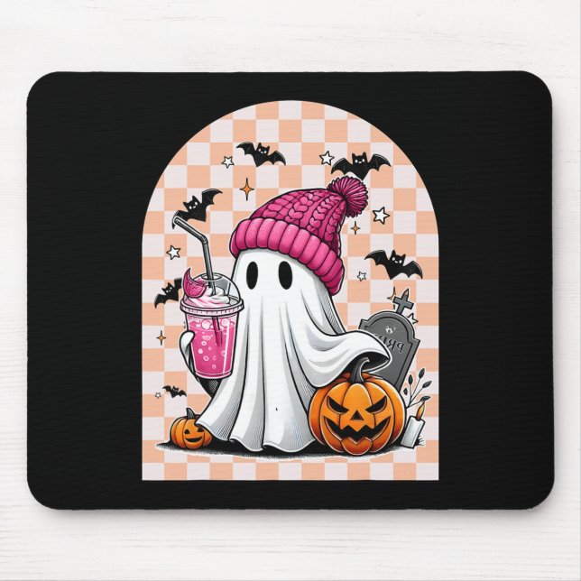 Cute Ghost Drinking Coffee Ghost Halloween Chequer Mouse Mat (Front)