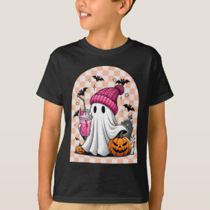 Cute Ghost Drinking Coffee Ghost Halloween Chequer T-Shirt