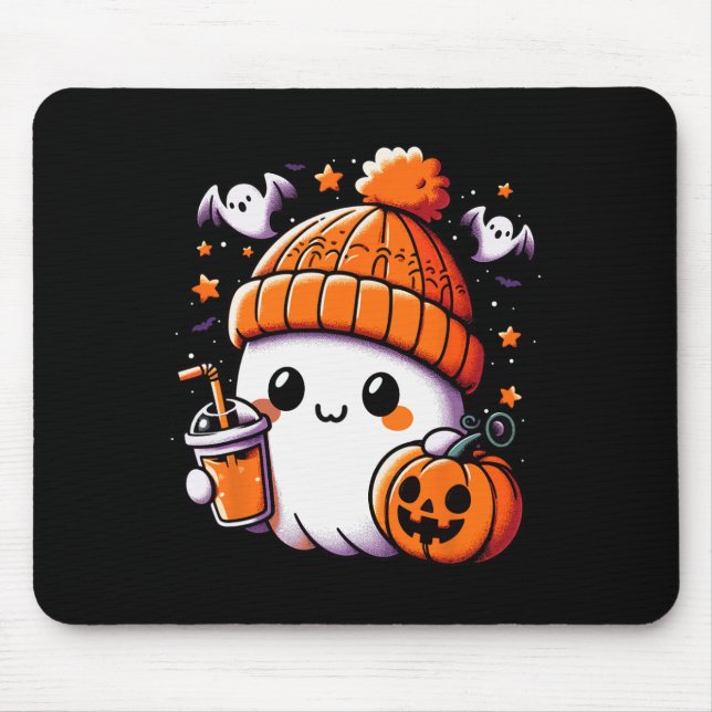 Cute Ghost Drinking Coffee Halloween Coffee Womens Mouse Mat (Front)