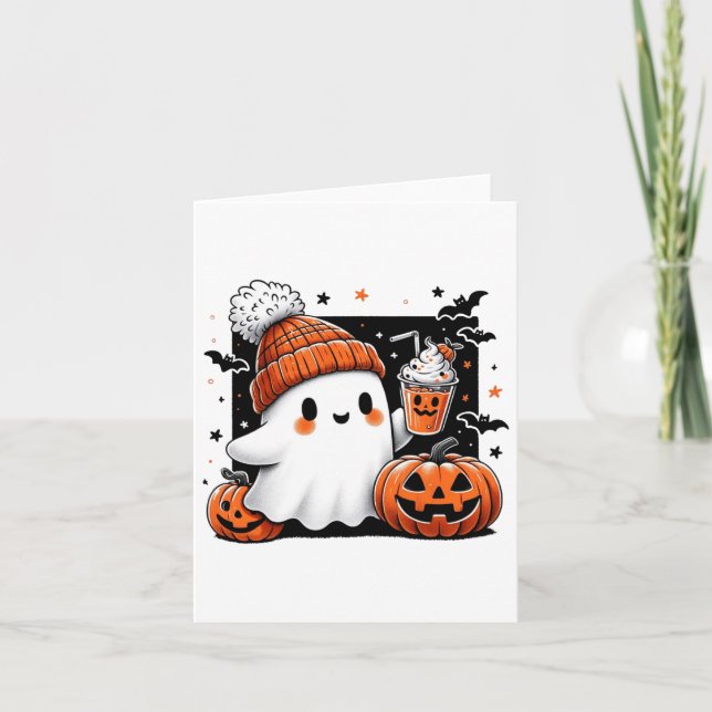 Cute Ghost Drinking Coffee Halloween Costume Coffe Card (Front)