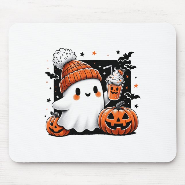 Cute Ghost Drinking Coffee Halloween Costume Coffe Mouse Mat (Front)