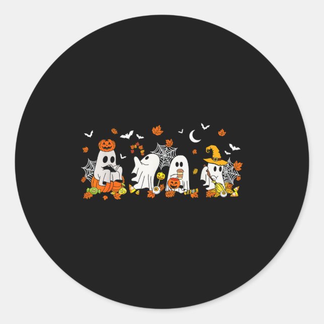 Cute Ghost Drinking Coffee Halloween Fall Ghost Bo Classic Round Sticker (Front)