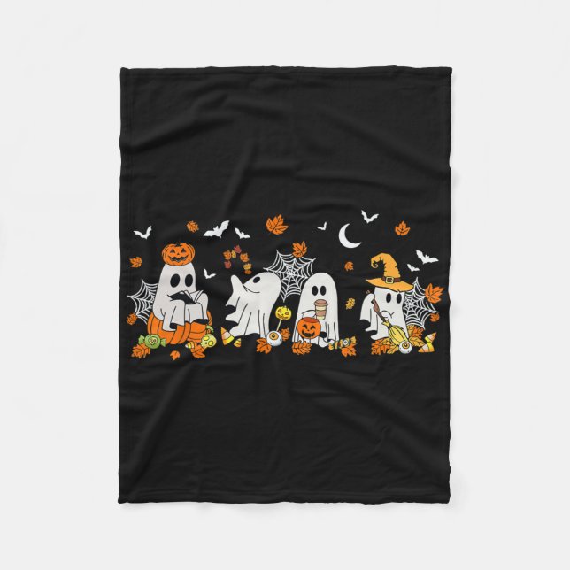 Cute Ghost Drinking Coffee Halloween Fall Ghost Bo Fleece Blanket (Front)