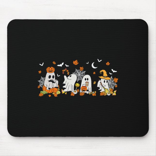 Cute Ghost Drinking Coffee Halloween Fall Ghost Bo Mouse Mat (Front)