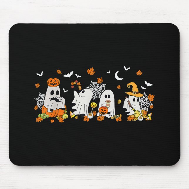 Cute Ghost Drinking Coffee Halloween Fall Ghost Bo Mouse Mat (Front)