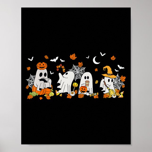 Cute Ghost Drinking Coffee Halloween Fall Ghost Bo Poster (Front)