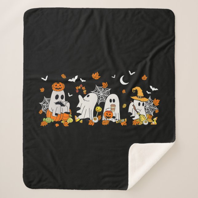 Cute Ghost Drinking Coffee Halloween Fall Ghost Bo Sherpa Blanket (Front)