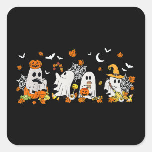 Cute Ghost Drinking Coffee Halloween Fall Ghost Bo Square Sticker