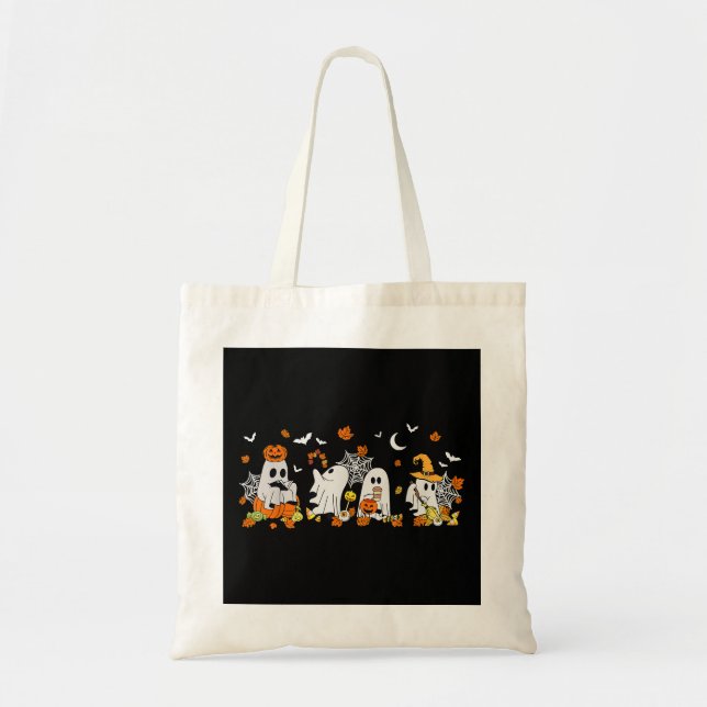 Cute Ghost Drinking Coffee Halloween Fall Ghost Bo Tote Bag (Front)